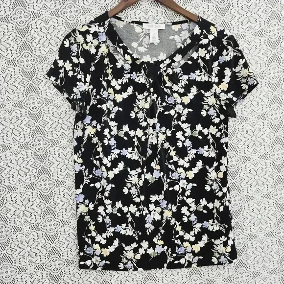 White House Black Market Floral Print Short Sleeve Crewneck Cutout Blouse M - Picture 1 of 7